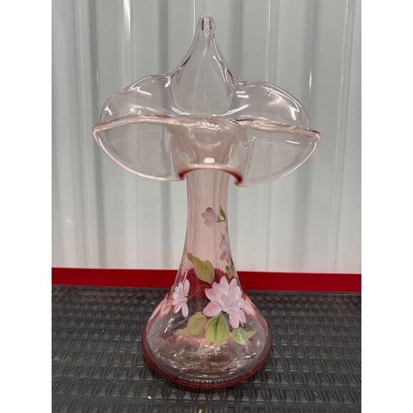 FENTON HAND PAINTED FLOWERS & SIGNED FENTON JACK IN THE PULPIT PINK GLASS VASE - Picture 3 of 15